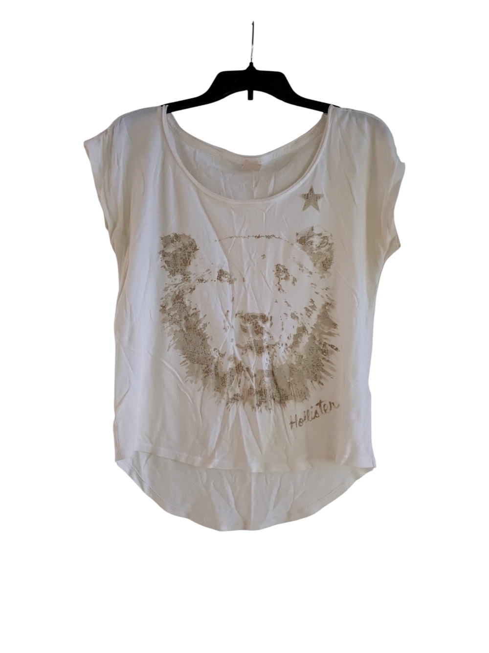 Hollister White Scoop Neck Tee with Gold Bear Graphic